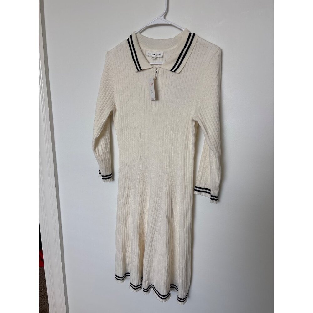 Lucky Brand White Ribbed Knit Polo Dress With Black Trim, M, new with tags